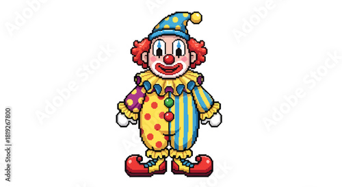 Pixelated clown illustration with vibrant details and a cheerful expression adding a whimsical flair