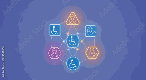 Infographic illustration of various disability symbols interconnected on a blue background with a mix of orange, purple, and blue icons.