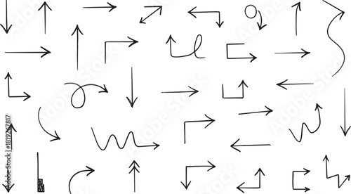 Extensive collection of hand-drawn doodle arrows featuring various shapes, directions, twists, and lines for illustrating movement, navigation, and flow.