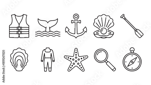 Set of nautical icons simple line art vector symbols for summer vacation and sea travel isolated on white background