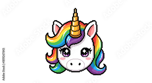 Pixelated unicorn with vibrant rainbow mane digital artwork fantasy art for kids
