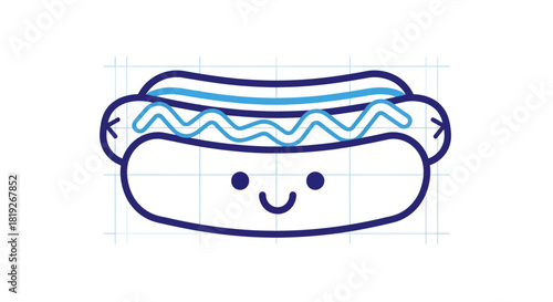 Playful hot dog illustration featuring a cheerful expression with grid background style