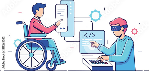 Illustration of a man in a wheelchair and another man coding on a computer with a connected mobile device and coding symbols in a modern flat design.