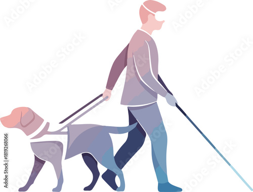 Illustration of a blind man walking with a guide dog on a leash in a minimalist style with a white background.
