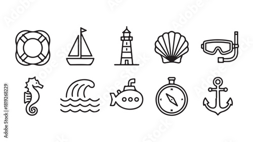 Set of nautical icons simple line art vector symbols for summer vacation and travel isolated on white background
