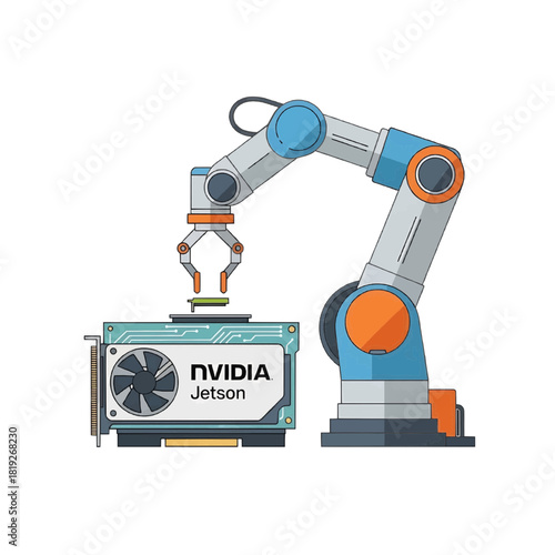 Robotic arm assembling NVIDIA Jetson GPU, line vector illustration, blue orange grey, AI hardware manufacturing