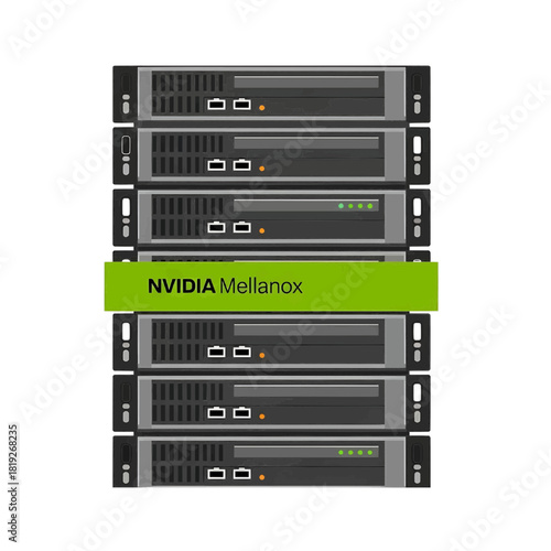 Stacked server rack with NVIDIA Mellanox label, flat line graphic, black grey green, high performance networking