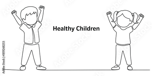 Healthy children continuous line art boy girl joyful active.