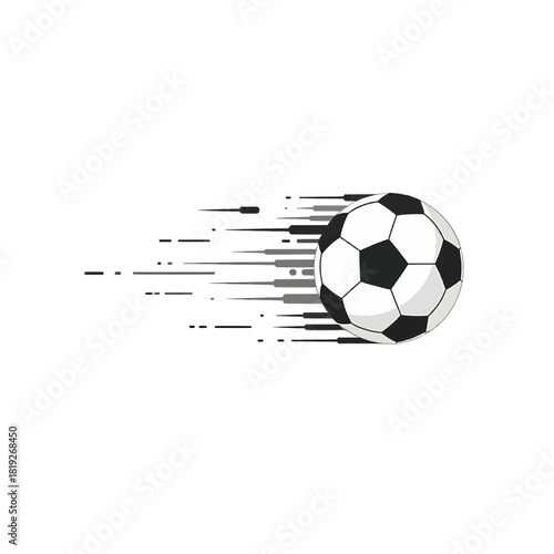 Soccer ball flying with high speed trail, flat cartoon logo, white black grey, extreme velocity and motion