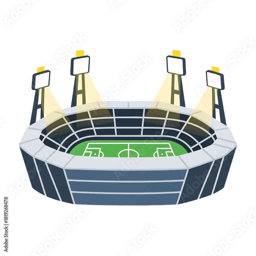 Illuminated sports stadium with floodlights, flat cartoon icon, green grey yellow, major sporting event