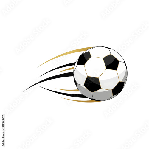 Stylized soccer ball flying in fast motion, flat cartoon logo, white black gold, dynamic sports action and speed