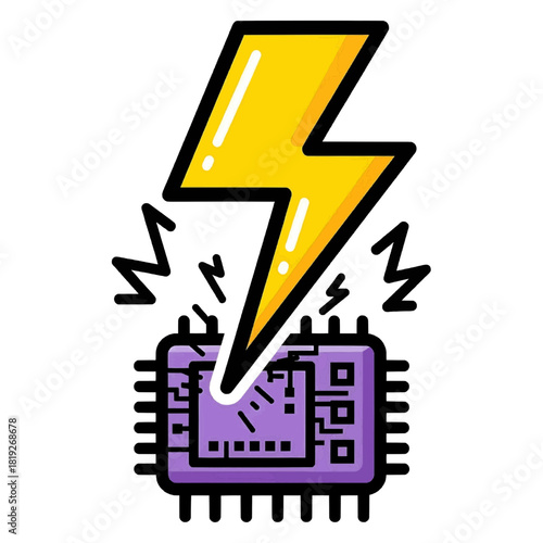 Lightning bolt striking microchip, cartoon line icon, yellow purple black, powerful electrical charge and surge