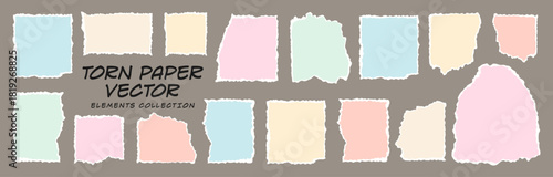 Vector set of colorful, realistic torn paper pieces and ripped note sheets with tear, rip, broken,  cut strip tag effects. Notice page texture, notepad sheets, scraps of notebook page, with torn edges