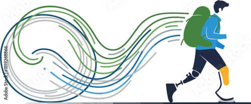 A man with a green backpack and a prosthetic leg runs with colorful swirling lines trailing behind him on a white background.