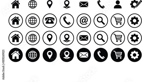Comprehensive collection of black and white web, app, and interface icons for contact, navigation, user profile, shopping, settings, and information symbols.