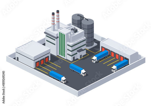 An isometric industrial complex features a central factory with twin smokestacks, large storage silos, and blue semi-trucks positioned at the loading docks