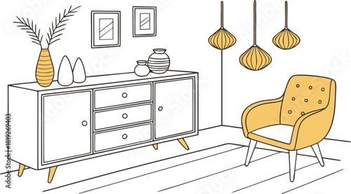 Interior . A stylish modern interior scene featuring a mid-century wooden sideboard with clean lines, three drawers, and open shelves. Decorative objects on top include minimalist ceramic vases.