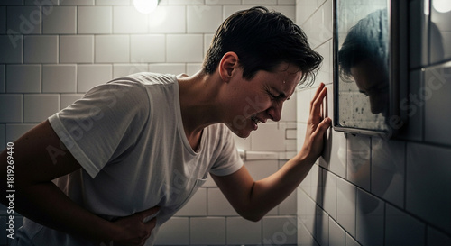 Stressed person gripping stomach in bathroom, feeling sick and nauseous, struggling with illness, seeking relief, health concern, digestive problem