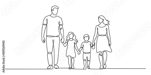 Continuous line drawing of a family walking together holding hands