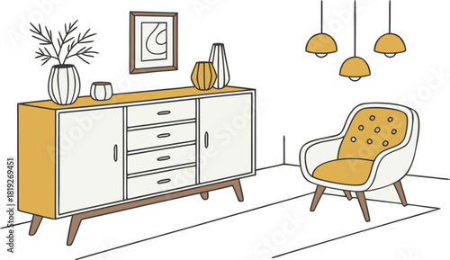 Interior . A stylish modern interior scene featuring a mid-century wooden sideboard with clean lines, three drawers, and open shelves. Decorative objects on top include minimalist ceramic vases.