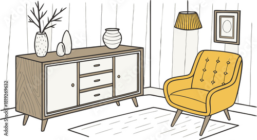 Interior . A stylish modern interior scene featuring a mid-century wooden sideboard with clean lines, three drawers, and open shelves. Decorative objects on top include minimalist ceramic vases.