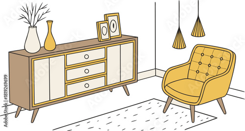 Interior . A stylish modern interior scene featuring a mid-century wooden sideboard with clean lines, three drawers, and open shelves. Decorative objects on top include minimalist ceramic vases.