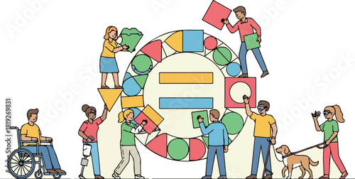 Illustration of diverse people collaborating and building a large puzzle together on a white background with colorful blocks and shapes.