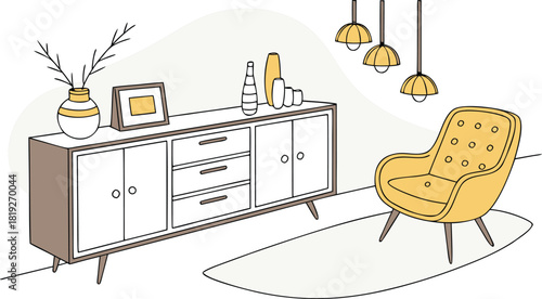 Interior . A stylish modern interior scene featuring a mid-century wooden sideboard with clean lines, three drawers, and open shelves. Decorative objects on top include minimalist ceramic vases.