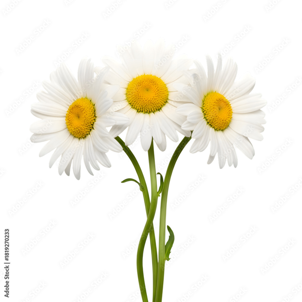 Obraz premium Three fresh white daisy flowers with bright yellow centers on white