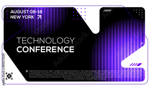 Futuristic Technology Conference Poster Template with Abstract Geometric Gradient Lines. Modern Minimalist Vector Event Flyer Design.