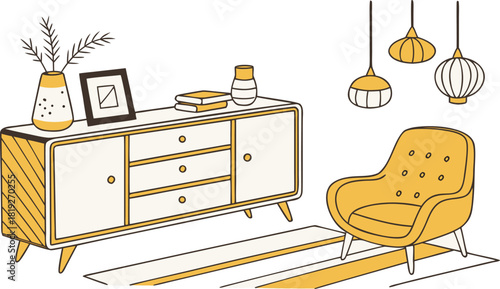 Interior . A stylish modern interior scene featuring a mid-century wooden sideboard with clean lines, three drawers, and open shelves. Decorative objects on top include minimalist ceramic vases.