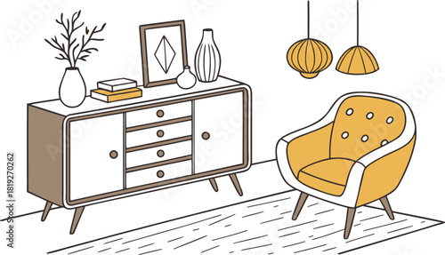 Interior . A stylish modern interior scene featuring a mid-century wooden sideboard with clean lines, three drawers, and open shelves. Decorative objects on top include minimalist ceramic vases.