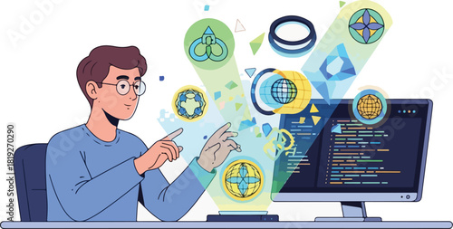 Illustration of a man sitting at a desk interacting with icons and symbols emanating from a computer screen in a creative workspace.