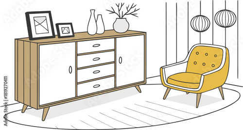 Interior . A stylish modern interior scene featuring a mid-century wooden sideboard with clean lines, three drawers, and open shelves. Decorative objects on top include minimalist ceramic vases.