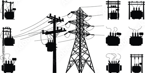 High voltage electric power transmission pylon and utility pole with transformer silhouettes set for energy distribution vector illustration.