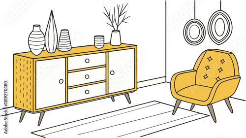 Interior . A stylish modern interior scene featuring a mid-century wooden sideboard with clean lines, three drawers, and open shelves. Decorative objects on top include minimalist ceramic vases.