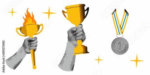 Triumph and achievement hand holding trophy torch and medal illustration