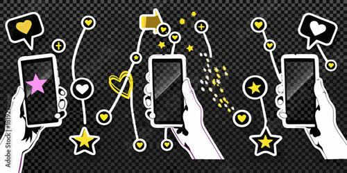 Hands holding smartphones with social media icons on a transparent background