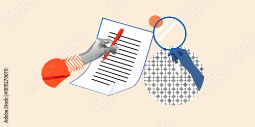 Document review and analysis with magnifying glass and pen illustration
