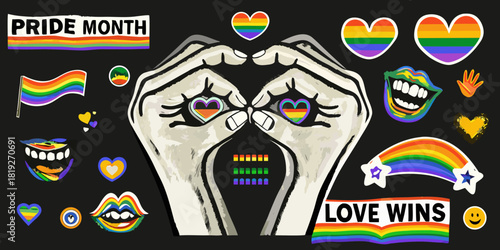 Pride month celebration with rainbow colors and love wins message on black