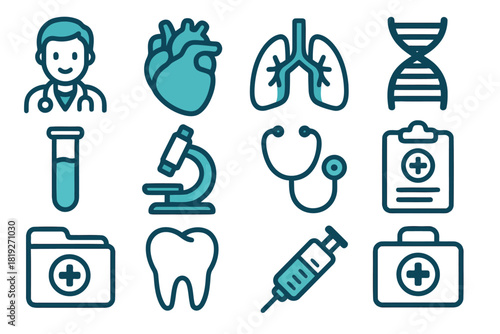 Collection of medical and healthcare outline icons. Vector illustration set for clinic, hospital, and scientific research design