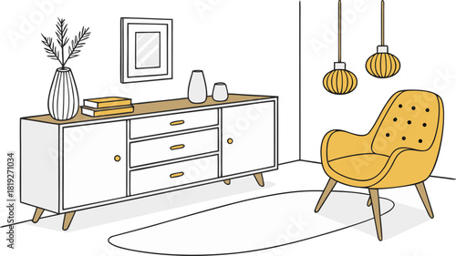 Interior . A stylish modern interior scene featuring a mid-century wooden sideboard with clean lines, three drawers, and open shelves. Decorative objects on top include minimalist ceramic vases.