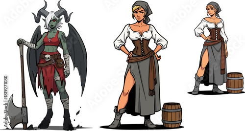 Fantasy characters in various outfits and poses against a dark background art