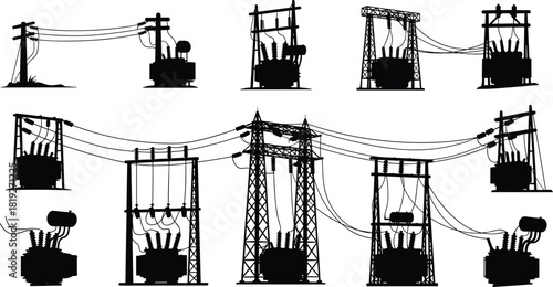 High voltage electrical power substation silhouettes vector collection featuring transformers, transmission towers, and energy grid distribution lines set.