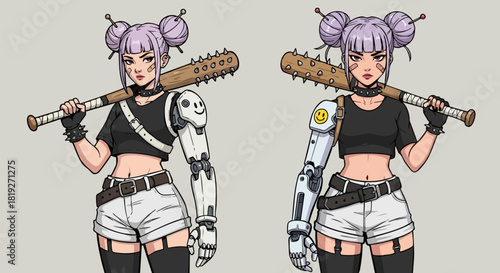 Cyberpunk girl with robotic arm and spiked bat stands ready for action and adventure