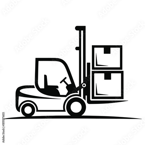 Black silhouette of a forklift lifting two boxes on a white background truck cargo
