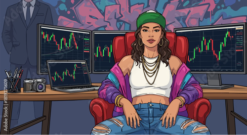 Confident woman trader in front of multiple monitors displaying stock market data