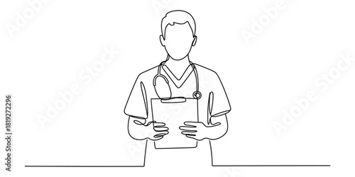 Continuous line art drawing of a medical doctor with clipboard
