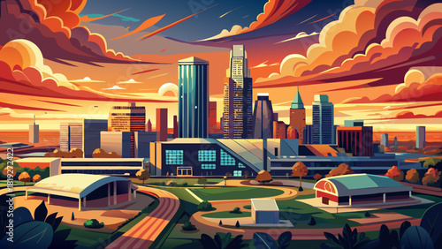 Very beautiful aerial panoramic view of Oklahoma City with a dramatic sunset sky, showcasing glowing clouds, warm light over modern buildings, and a serene urban atmosphere.