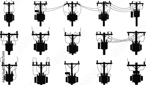 Silhouette vector illustration of utility poles with electrical transformers and wiring—technical infrastructure layout for power distribution, engineering, planning, maintenance, and reference